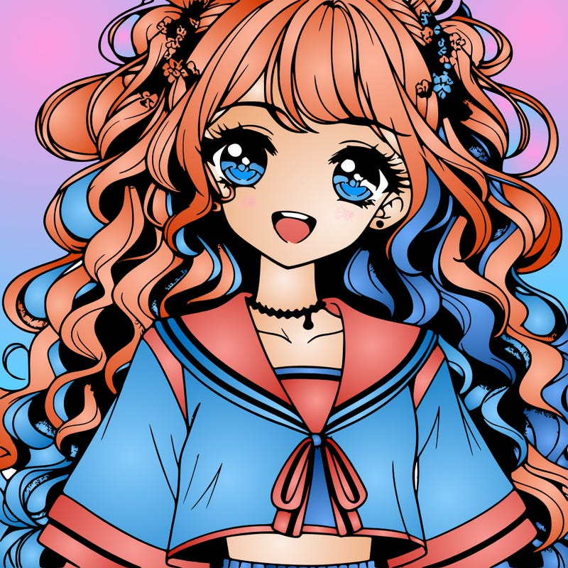 anime popular girl with long curly hair big eyelashes pretty eyes smiling with some blush wearing an anklet and wearing a school uniform cut top into a crop and short skirt and heels