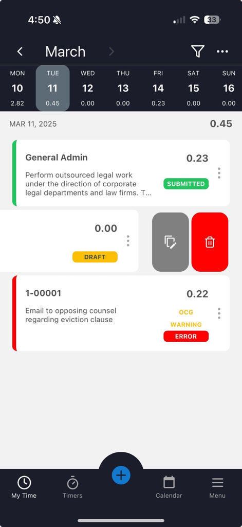Aderant iTimekeep - Aderant iTimekeep mobile app screen displaying daily billable hours and task entries for legal professionals