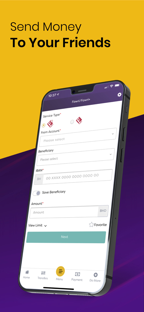 BisB Mobileアプリのインターフェースに、口座詳細と金額のフィールドが表示され、友人に送金するための画面が表示されています