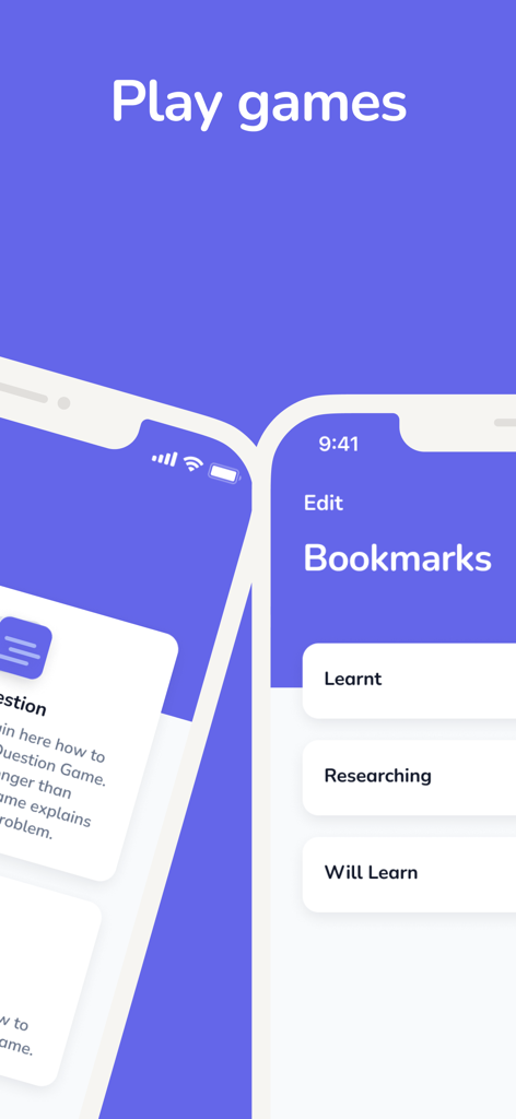 Psychology Dictionary - Aplicación móvil Diccionario de Psicología mostrando carpetas de marcadores para términos aprendidos y temas de investigación con juegos educativos