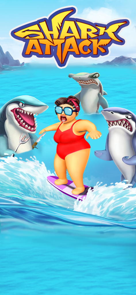 Shark Attack -Simulator games - Cartoon sharks surrounding a scared surfer woman in a red swimsuit on the ocean surface.