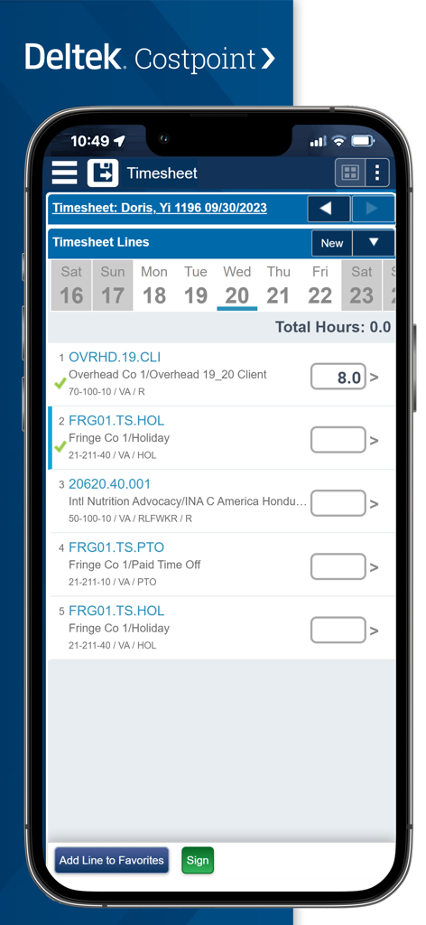 Deltek Costpoint - Deltek Costpoint mobile app displaying a timesheet entry screen for employee hours tracking