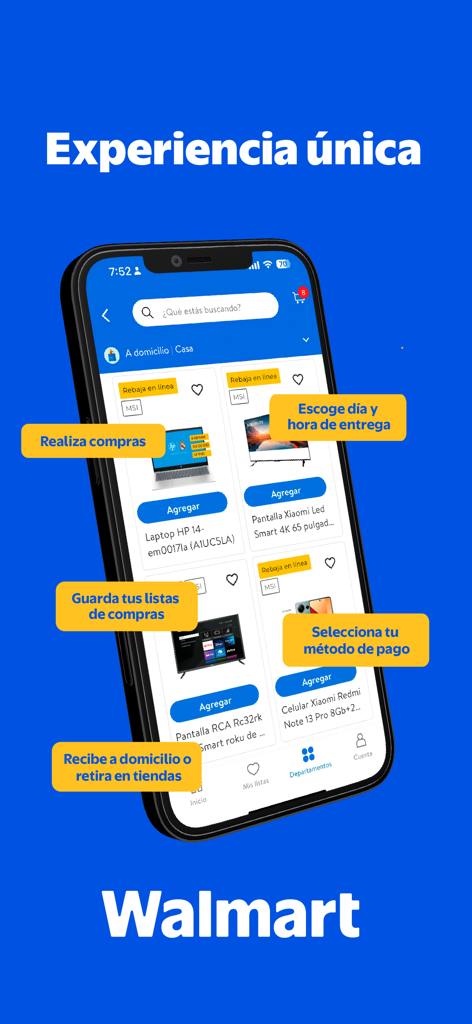 Walmart Centroamérica - Teléfono inteligente mostrando la aplicación Walmart Centroamerica con varias funciones de compra y opciones de productos