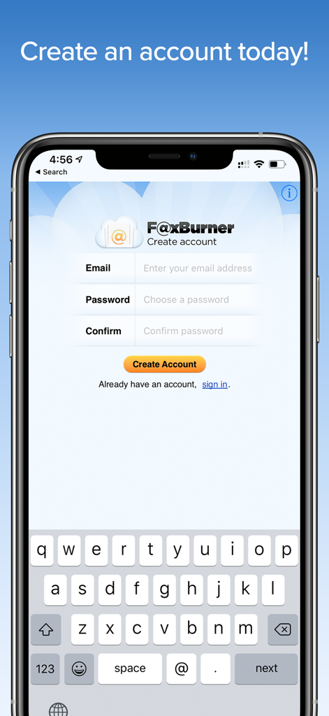 Registration screen for the Fax Burner iPhone app where users can enter an email and password to create an account.