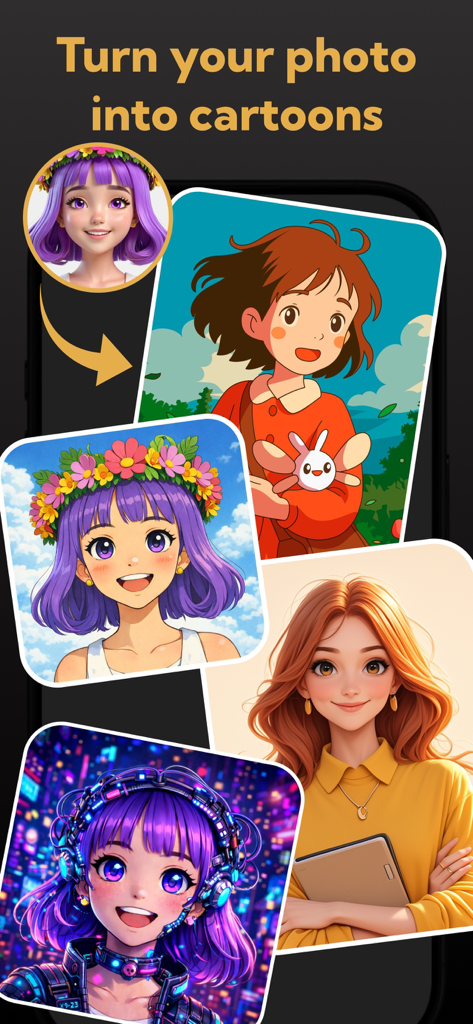 Beispiel für verschiedene Cartoon- und Anime-Stile, die aus einem Foto mit einem KI-Generator erstellt wurden