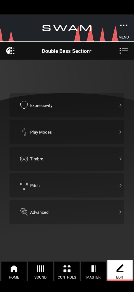 SWAM Double Bass Section - SWAM Double Bass Section app edit menu showing settings for expressivity play modes timbre and pitch