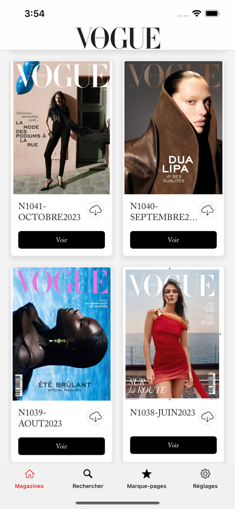 Vogue France Magazine - A digital library of Vogue France magazine issues on a mobile app interface.