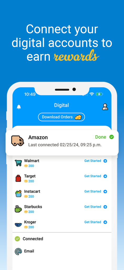 Interface showing how to connect digital shopping accounts like Amazon and Walmart to earn rewards automatically