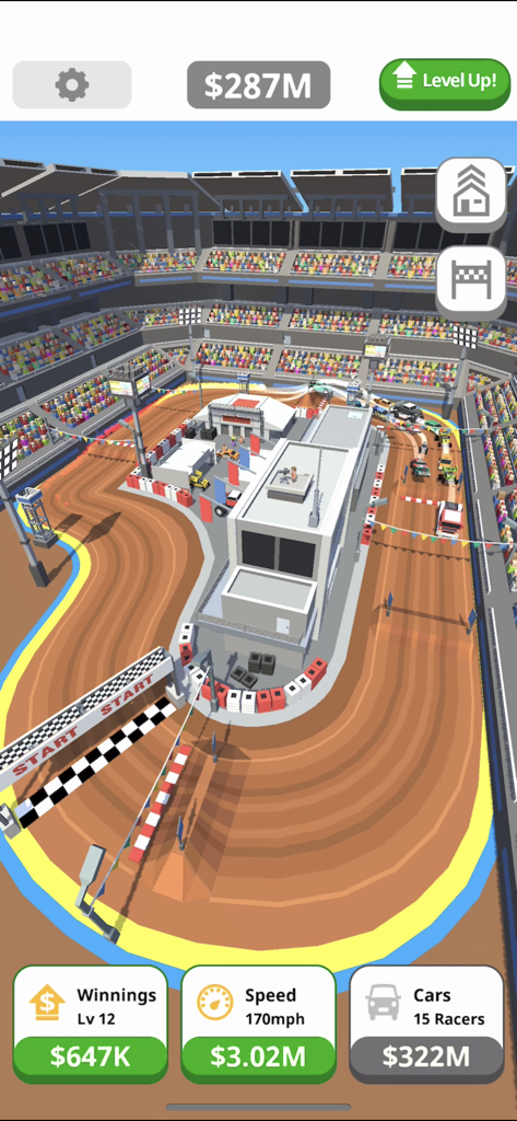 Vista aérea de un estadio de carreras de tierra en Carreras de Tap Inactivo con menús de mejora para ganancias, velocidad y coches