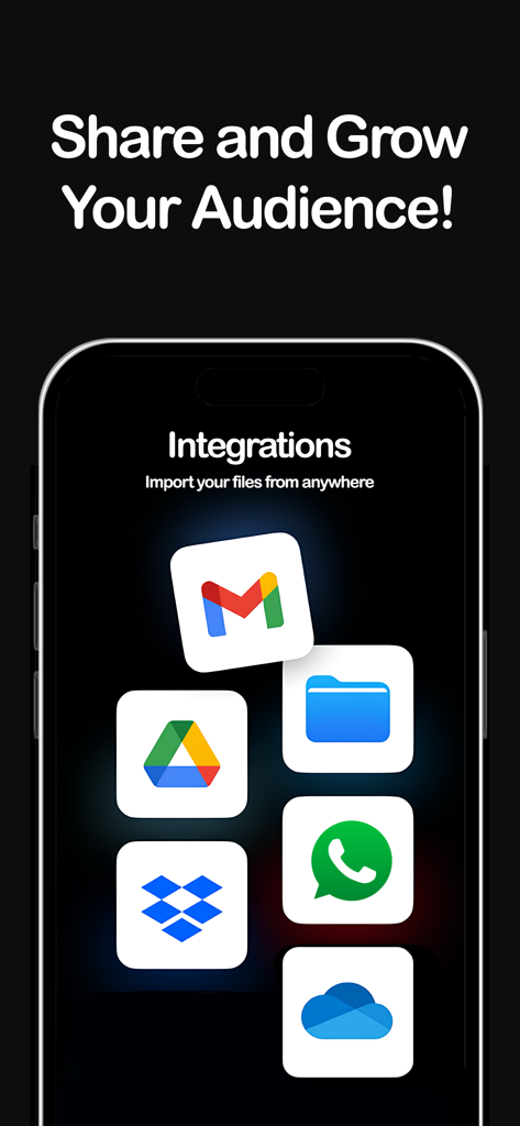 PodGenie:AI Podcast Generator - PodGenie app interface showing integrations for importing files from Gmail, Google Drive, and Dropbox to create AI podcasts.