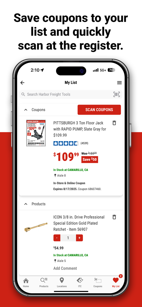 Bildschirm Meine Liste der Harbor Freight Tools Mobile App mit gespeicherten Coupons und Werkzeugbeständen für lokale Geschäfte