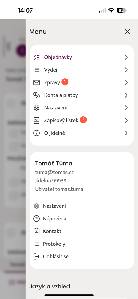 Strava.cz Meal Ordering - Main navigation menu of the Strava.cz meal ordering application showing user profile settings and account options