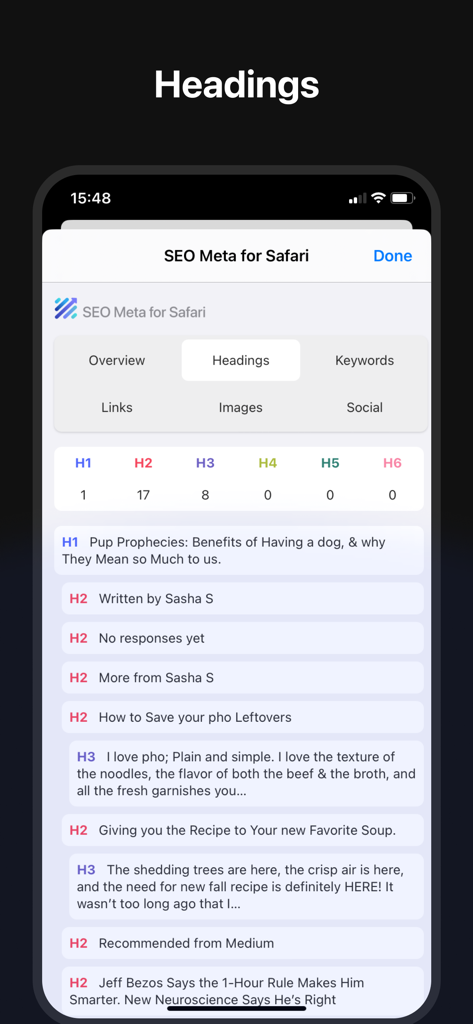 SEO Meta for Safari - Interface de l'application Meta SEO pour Safari affichant une ventilation des en-têtes H1, H2 et H3 pour l'analyse SEO on-page