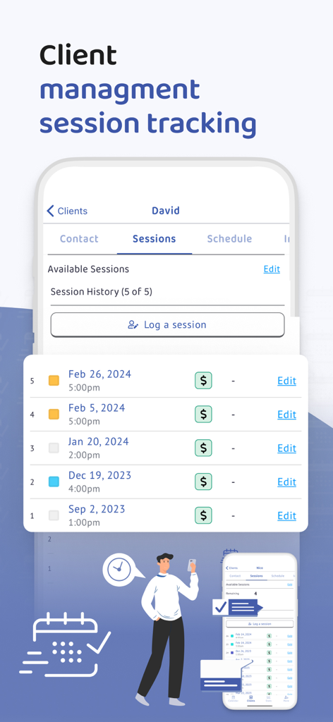Interface of the Session Tracker app showing a detailed client session history list and tracking features for small businesses