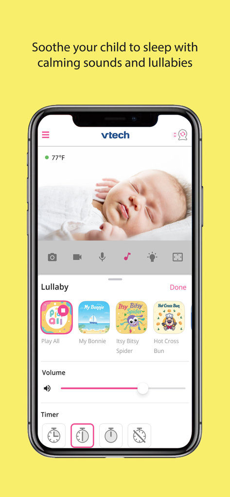 MyVTech Baby Pro - MyVTech Baby Pro app interface showing lullaby selection and volume controls for a sleeping baby