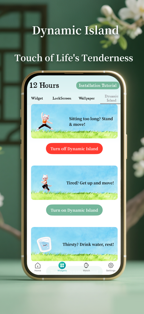 12 Hour Health - Energy Widget - Interfaz de la aplicación 12 Hour Health que muestra la configuración de recordatorios de bienestar de Dynamic Island con indicaciones de movimiento e hidratación que presentan lindas ilustraciones de gatos