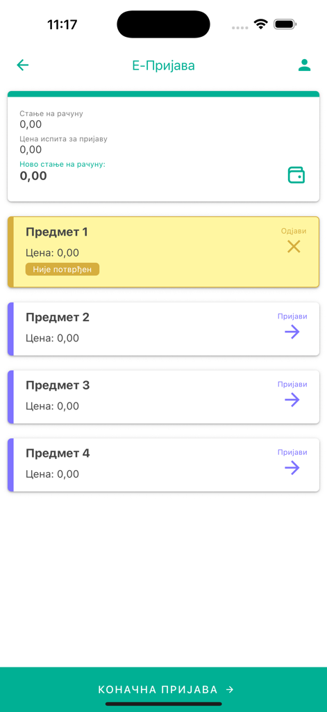 M-Indeks - M-Indeks app screen for electronic exam registration with subject list and account balance