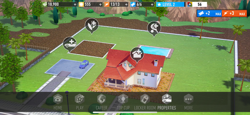 BE A LEGEND Soccer Career - BE A LEGEND 축구 커리어의 게임 내 속성 메뉴. 수영장과 차가 있는 플레이어의 집을 보여줌.