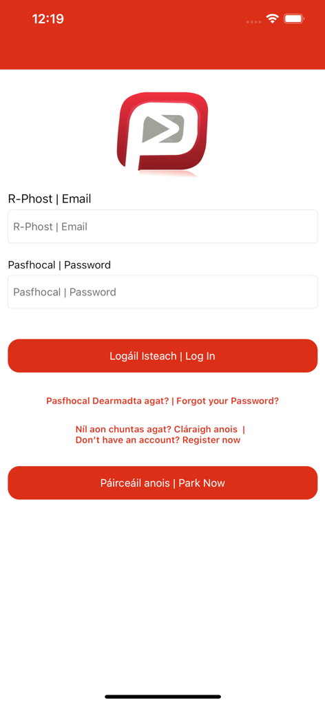 ParkMagic - ParkMagic mobile app login screen featuring bilingual Irish and English text for email and password entry