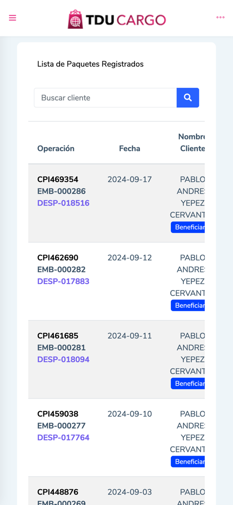 TDU Cargo - A list of registered packages in the TDU Cargo app showing shipment IDs and tracking dates