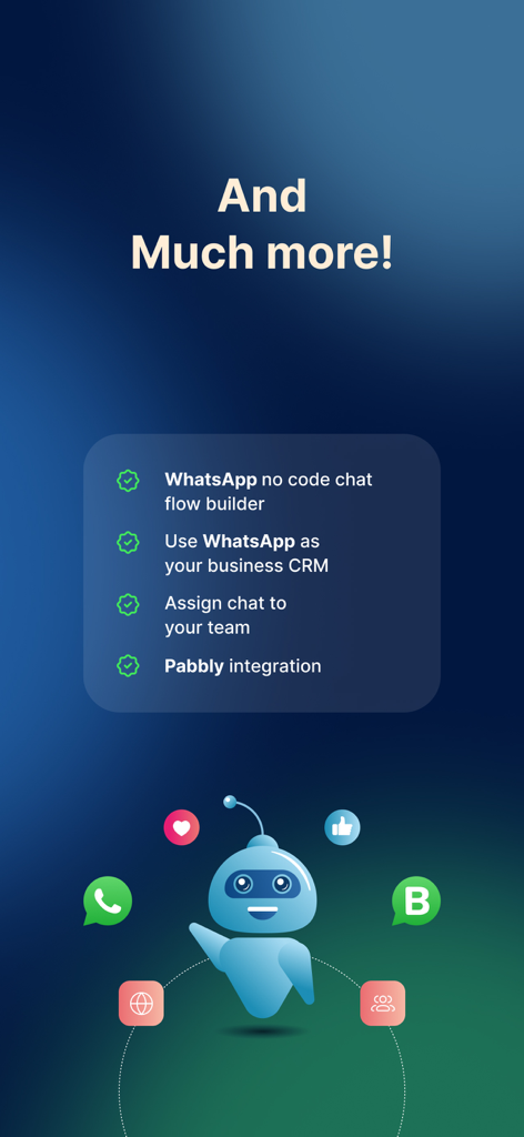 Happilee - List of Happilee app features including WhatsApp no-code chat flow builder and business CRM automation