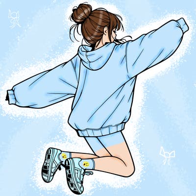 realistic girl jumping with a bun and oversized sweatshirt