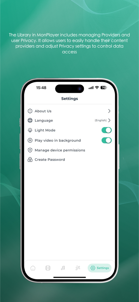 Menu des paramètres de l'application MonPlayer montrant les options de langue, de mode clair et de lecture vidéo en arrière-plan