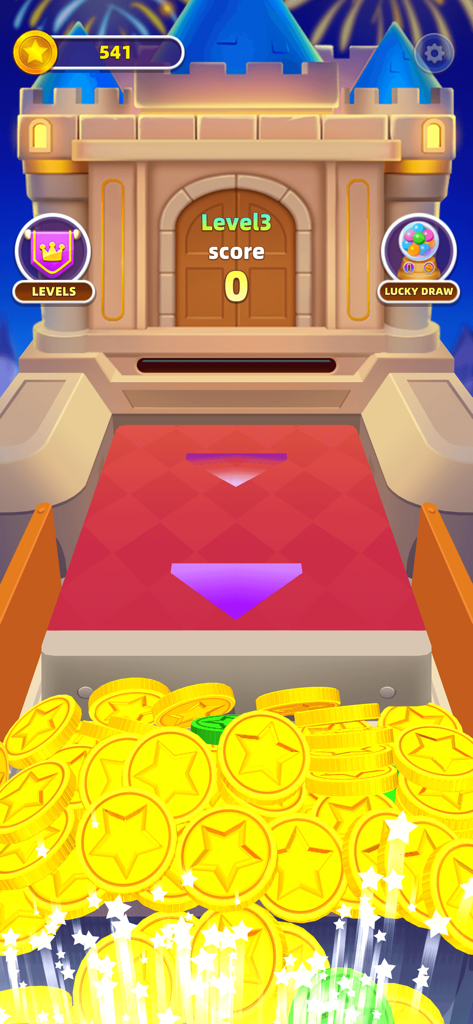 Dozer Night - Lucky Magic - Gameplay screenshot of Dozer Night Lucky Magic showing a coin pusher machine with a magical castle theme and piles of gold star coins.