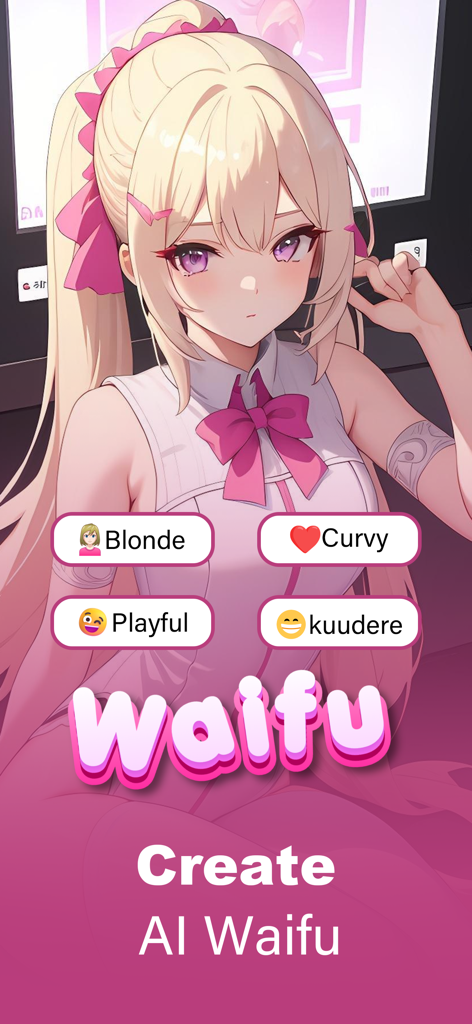 Waifu AI Anime Girlfriend Chat - Interfaz para crear una novia anime de IA personalizada con opciones de rasgos físicos y de personalidad