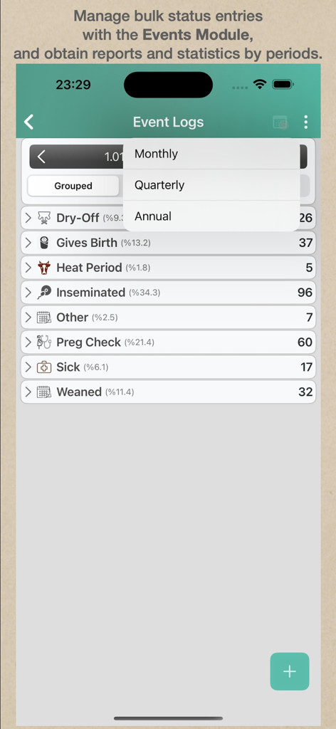 CowMaster- Herd Management App - CowMaster-App-Bildschirm für Ereignisprotokolle, der Viehstatus-Einträge und Berichtszeiträume anzeigt