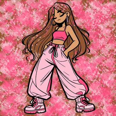 girl in baggy pants crop top and long hair