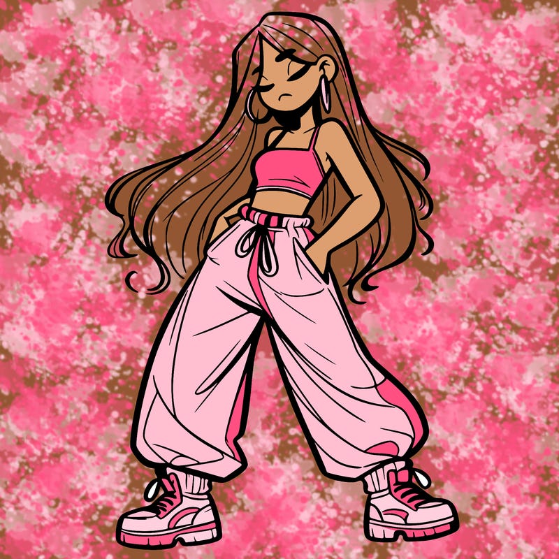 girl in baggy pants crop top and long hair