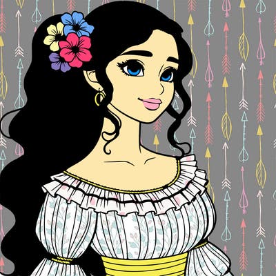 a single latina woman with a side ponytail and a long dress with ruffles. she has a few discreet flowers in her hair. realistic