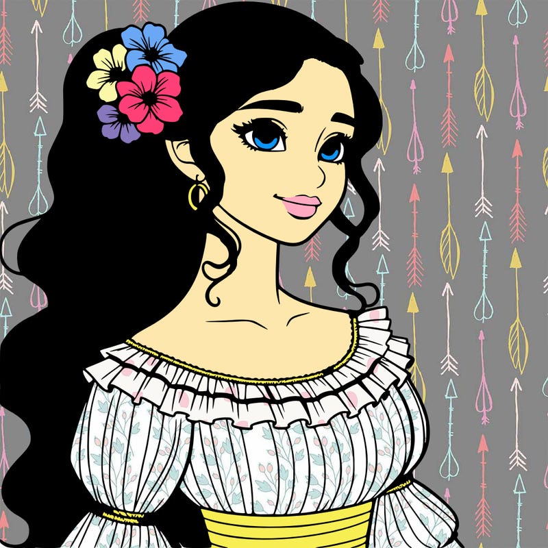 a single latina woman with a side ponytail and a long dress with ruffles. she has a few discreet flowers in her hair. realistic