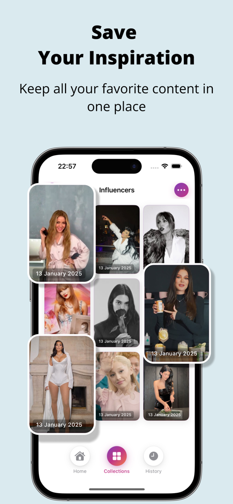 InSave: Reels & Story Bookmark - InSave app interface showing a collection of bookmarked influencer reels and stories organized in a grid.
