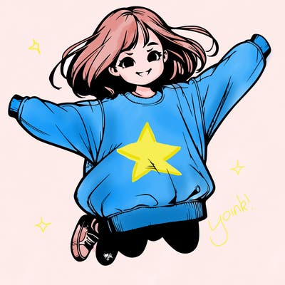 realistic girl, jumping in a oversized sweatshirt