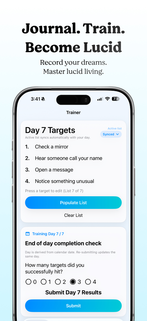 MILD Trainer: Lucid Dreaming - MILD Trainer app interface showing daily targets and completion check for lucid dream training