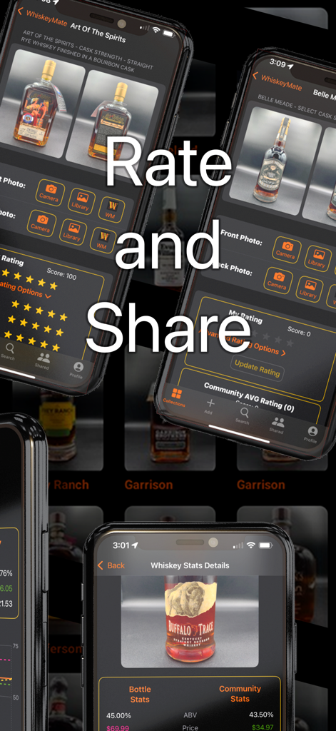 WhiskeyMate mobile app interface showing bottle ratings and community collection statistics