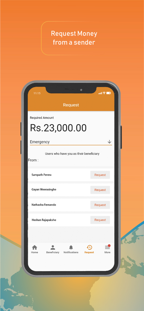 Sampath Bank Remitwise - Sampath Bank Remitwise mobile app interface showing the request money feature with a list of potential senders
