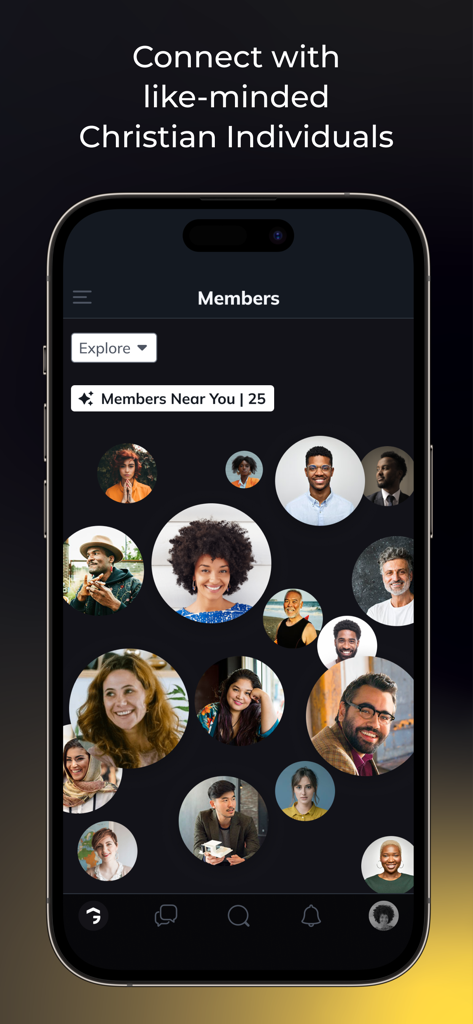 Goshen - A mobile app interface displaying a community of Christian professionals with the text Connect with like-minded Christian Individuals.