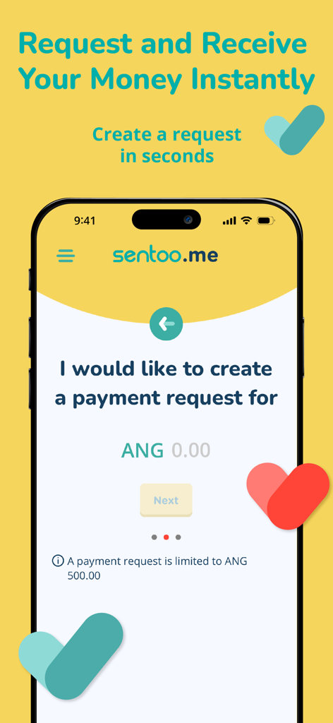 Sentoo.me - Schermata dell'app mobile Sentoo.me per la creazione di una richiesta di pagamento istantaneo