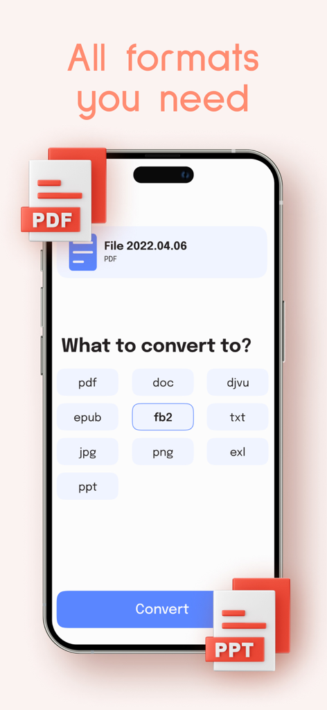 Screenshot of the PDF Converter app interface showing various file format options for conversion like PDF DOC and JPG