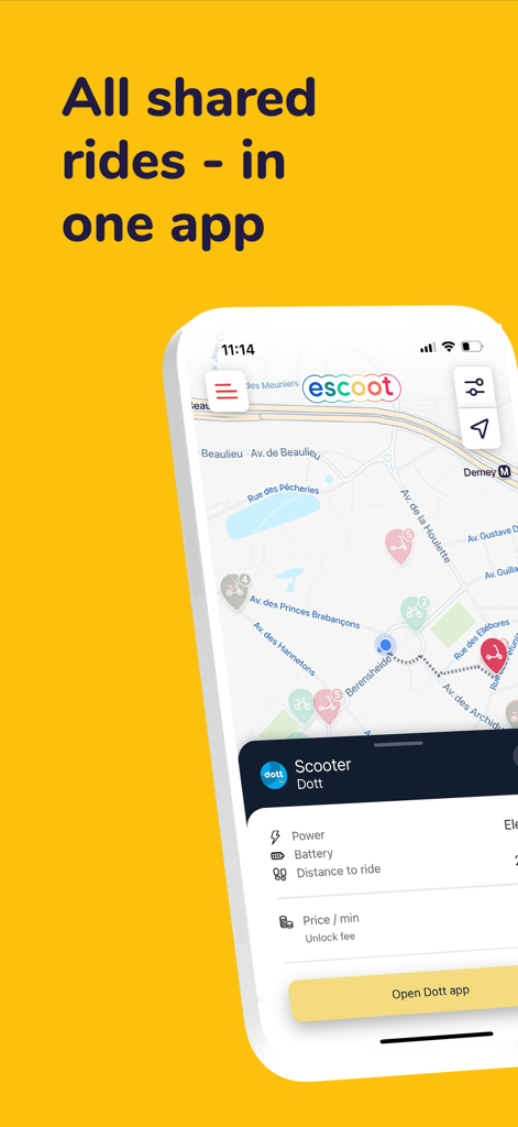 eScoot | e-scooters near you - eScoot app interface on iPhone showing a map with multiple shared scooters and a detail card for a Dott scooter