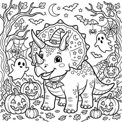 Dive into the spooky spirit with this delightful Halloween Triceratops coloring page, perfect for dinosaur lovers and festive artists alike. Explore a world filled with jack-o'-lanterns, friendly ghosts, and a charming dino ready for your creative touch.