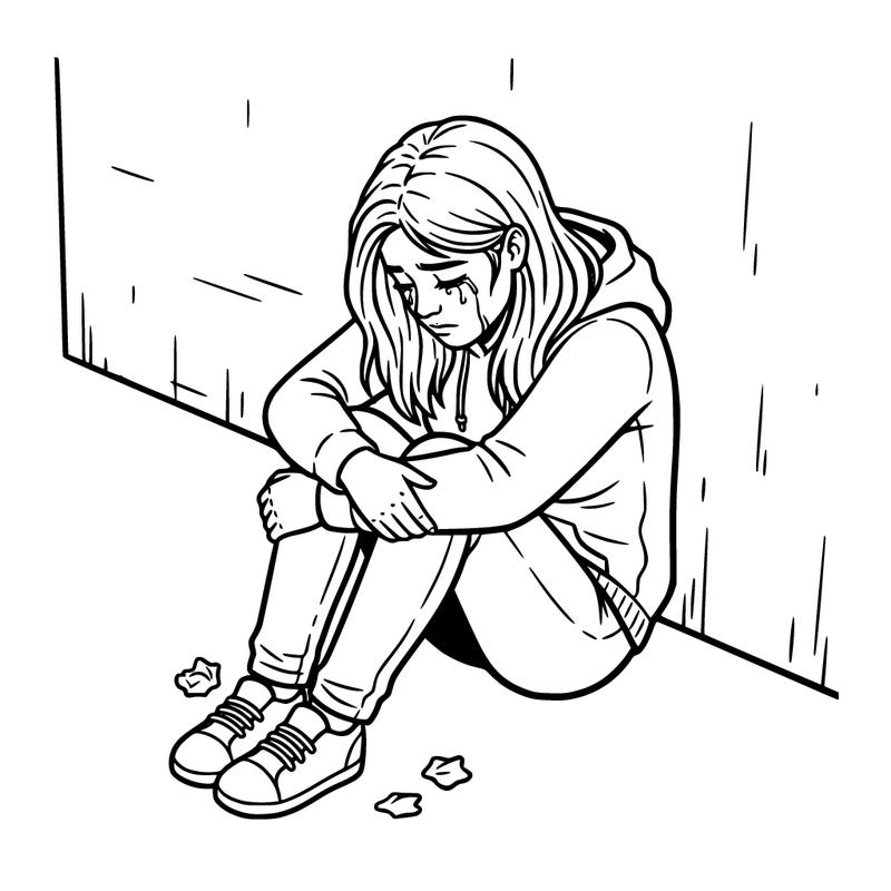 realistic teen girl crying alone, sitting against the wall
