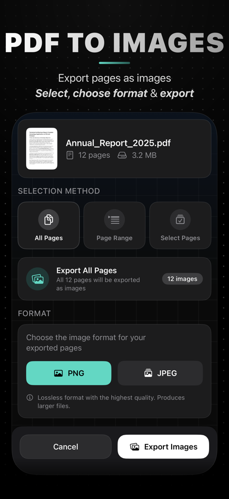 PDFWelder – PDF Merger - PDFWelderアプリのインターフェイスには、PDFページをPNGまたはJPEG形式の画像としてエクスポートするプロセスが表示されています