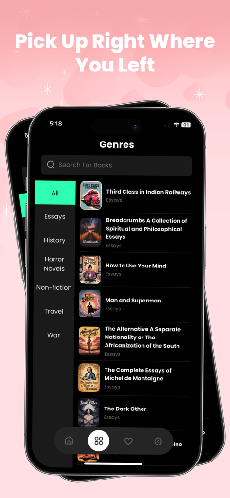 The Genres interface of the NovelShort app on an iPhone showing a list of book categories and titles like Third Class in Indian Railways.