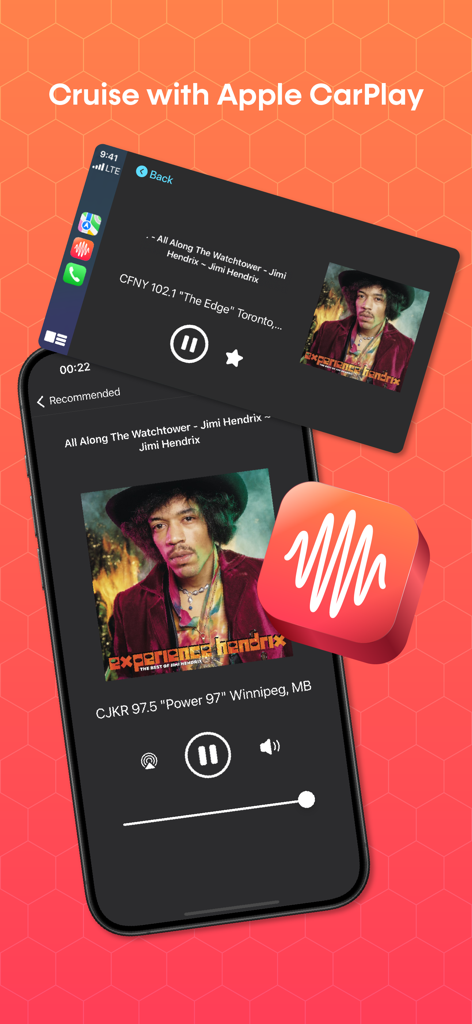 Eter internet radio app interface on iPhone and Apple CarPlay