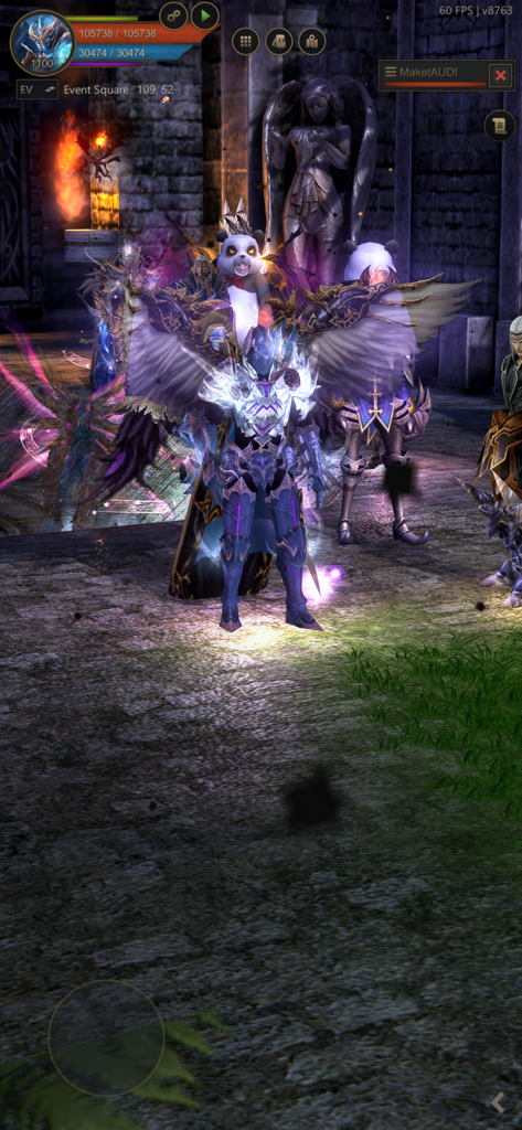 MEGAMU - A high level character with glowing wings and blue armor in the MEGAMU mobile fantasy MMORPG.