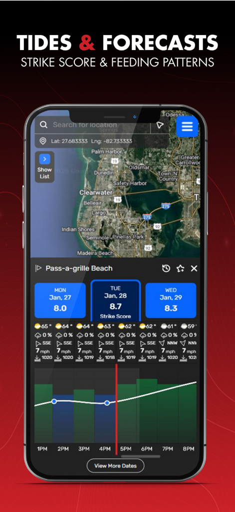 Salt Strong Smart Spots - Salt Strong Smart Spots app interface showing fishing tides forecasts and strike scores for coastal saltwater fishing